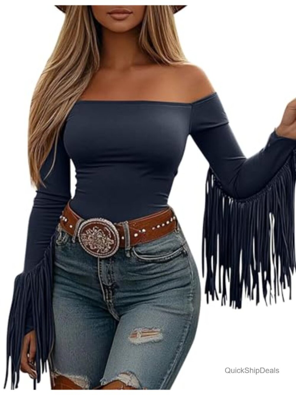 Fringe Crop Top Western Cowgirl Off Shoulder Blouse